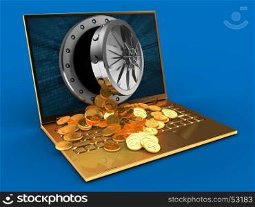 3d illustration of golden computer over blue background with binary data screen and treasure