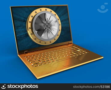 3d illustration of golden computer over blue background with binary data screen and vault door