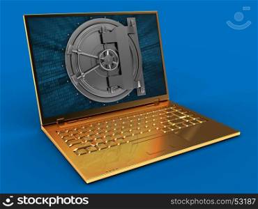 3d illustration of golden computer over blue background with binary data screen and vault door
