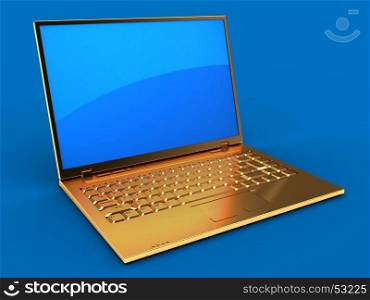 3d illustration of golden computer over blue background with blue reflection screen