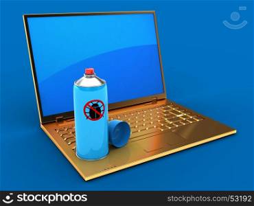 3d illustration of golden computer over blue background with blue reflection screen and