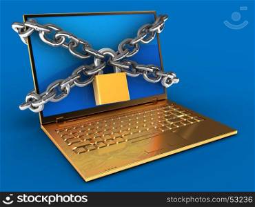 3d illustration of golden computer over blue background with blue reflection screen and chains