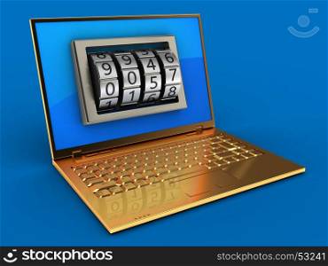 3d illustration of golden computer over blue background with blue reflection screen and code lock