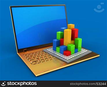 3d illustration of golden computer over blue background with blue reflection screen and diagram