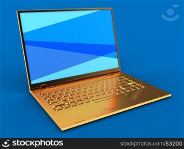 3d illustration of golden computer over blue background with blue screen