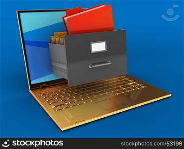 3d illustration of golden computer over blue background with blue screen and archive