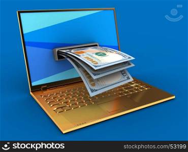 3d illustration of golden computer over blue background with blue screen and banknotes