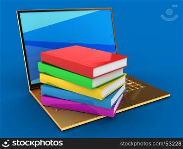 3d illustration of golden computer over blue background with blue screen and books