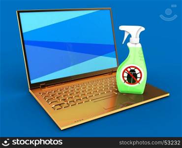 3d illustration of golden computer over blue background with blue screen and bug spray
