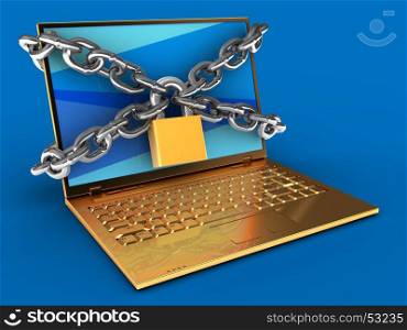3d illustration of golden computer over blue background with blue screen and chains