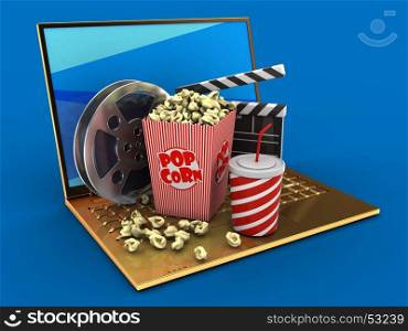 3d illustration of golden computer over blue background with blue screen and cinema