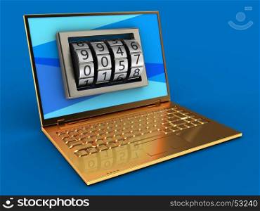 3d illustration of golden computer over blue background with blue screen and code lock