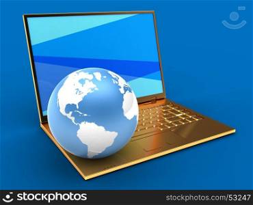 3d illustration of golden computer over blue background with blue screen and earth globe