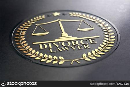 3D illustration of golden divorce lawyer sign over black paper background. Divorce Lawyer