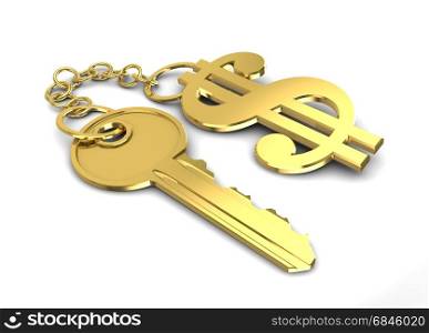 3d illustration of golden key with dollar shaped keyholder. dollar key