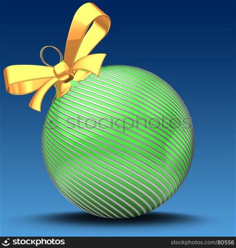 3d illustration of green Christmas ball over blue background with silver lines and yellow ribbon