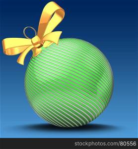 3d illustration of green Christmas ball over blue background with silver lines and yellow ribbon