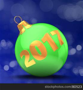 3d illustration of green Christmas ball over bokeh blue background with 2017 year sign