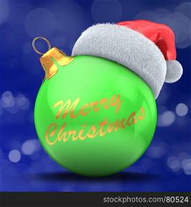 3d illustration of green Christmas ball over bokeh blue background with Merry Christmas text and Christmas hat