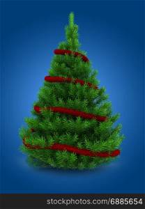 3d illustration of green Christmas tree over blue background with red tinsel