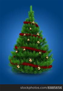 3d illustration of green Christmas tree over blue background with red tinsel and golden balls