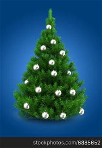 3d illustration of green Christmas tree over blue background with silver balls