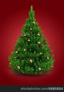 3d illustration of green Christmas tree over red background with lights and golden balls