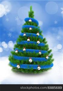 3d illustration of green Christmas tree over snow background with blue tinslel and metallic balls