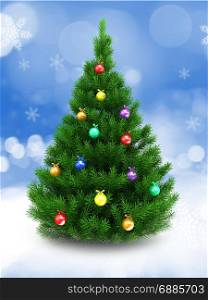 3d illustration of green Christmas tree over snow background with glass balls
