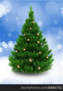 3d illustration of green Christmas tree over snow background with golden balls