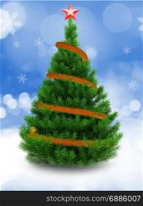 3d illustration of green Christmas tree over snow background with orange tinsel and red star