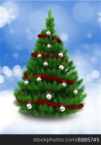 3d illustration of green Christmas tree over snow background with red tinsel and metallic balls