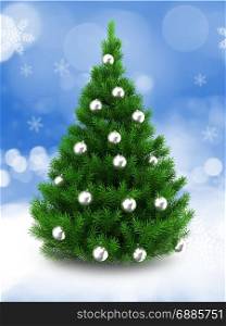 3d illustration of green Christmas tree over snow background with silver balls