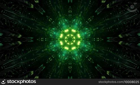 3D illustration of green curvy illuminated lines in motion in dark tunnel as abstract background. 3D illustration of rays of green light as kaleidoscope background