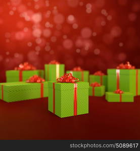 3D illustration of green gift boxes on red background