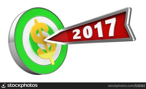 3d illustration of green target with 2017 year arrow and dollar sign over white background