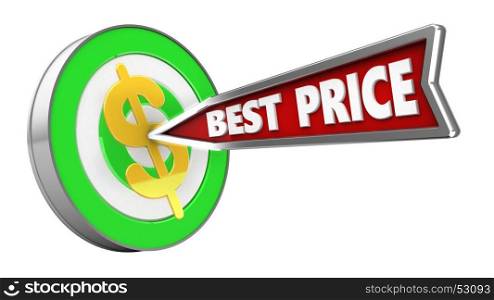3d illustration of green target with best price arrow and dollar sign over white background