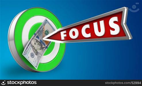 3d illustration of green target with focus arrow and 100 dollars over blue background