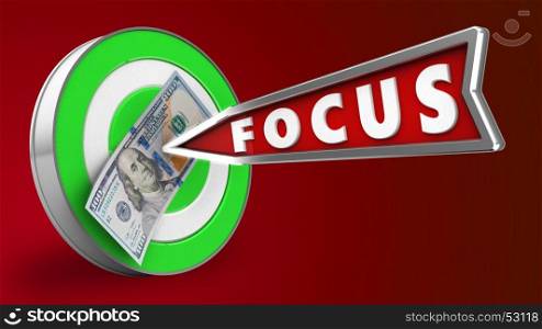 3d illustration of green target with focus arrow and 100 dollars over red background