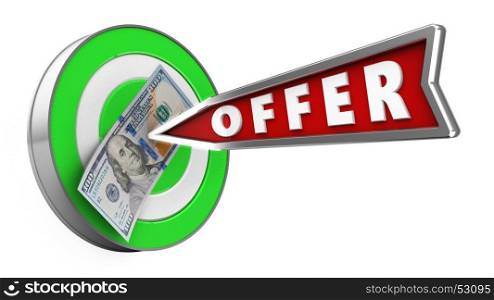 3d illustration of green target with offer arrow and 100 dollars over white background