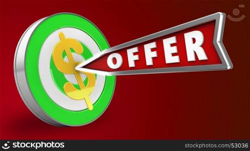 3d illustration of green target with offer arrow and dollar sign over red background