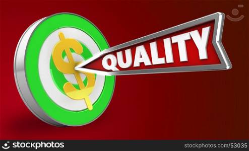 3d illustration of green target with quality arrow and dollar sign over red background