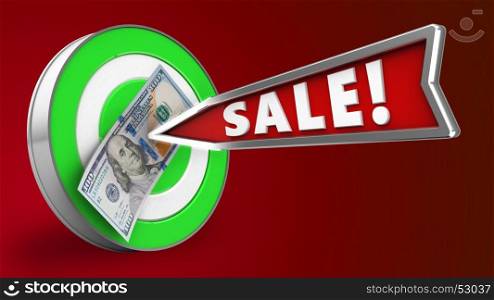 3d illustration of green target with sale arrow and 100 dollars over red background