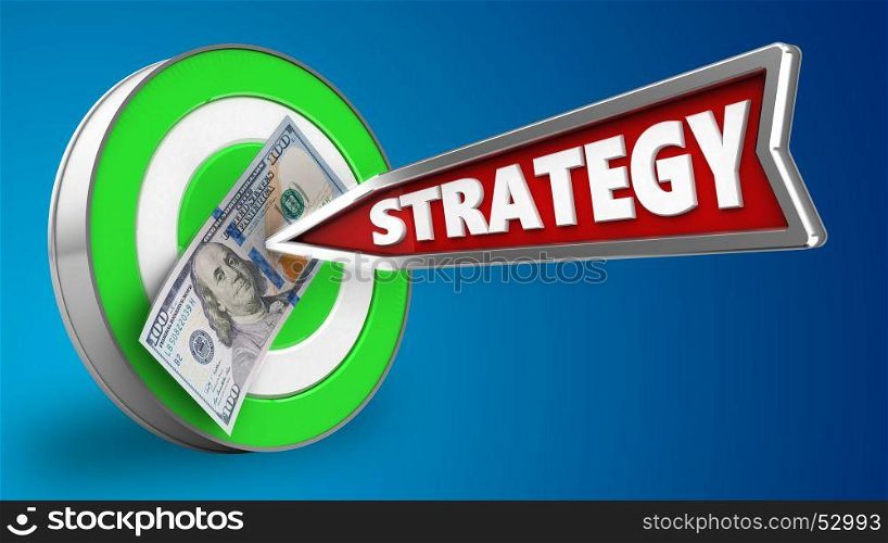 3d illustration of green target with strategy arrow and 100 dollars over blue background