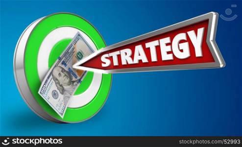 3d illustration of green target with strategy arrow and 100 dollars over blue background