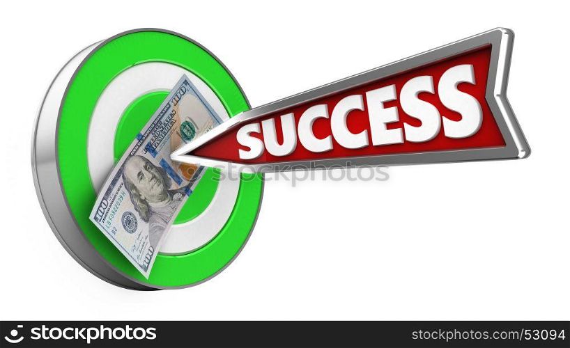 3d illustration of green target with success arrow and 100 dollars over white background