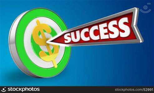 3d illustration of green target with success arrow and dollar sign over blue background