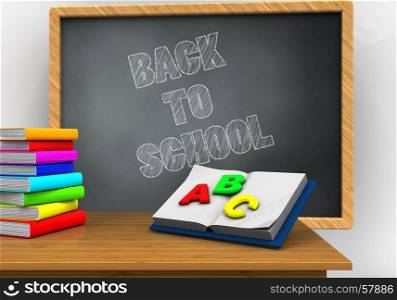 3d illustration of grey chalkboard with back to school text and opened textbook. 3d desktop