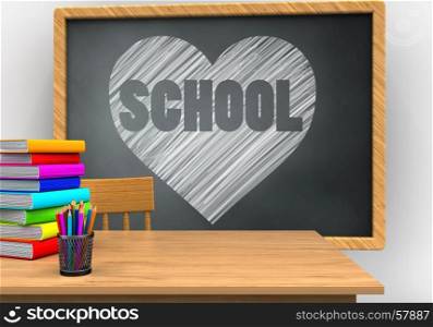 3d illustration of grey chalkboard with heart and school text and. 3d heart and school