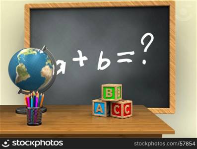3d illustration of grey chalkboard with math exercise text and abc cubes. 3d desktop